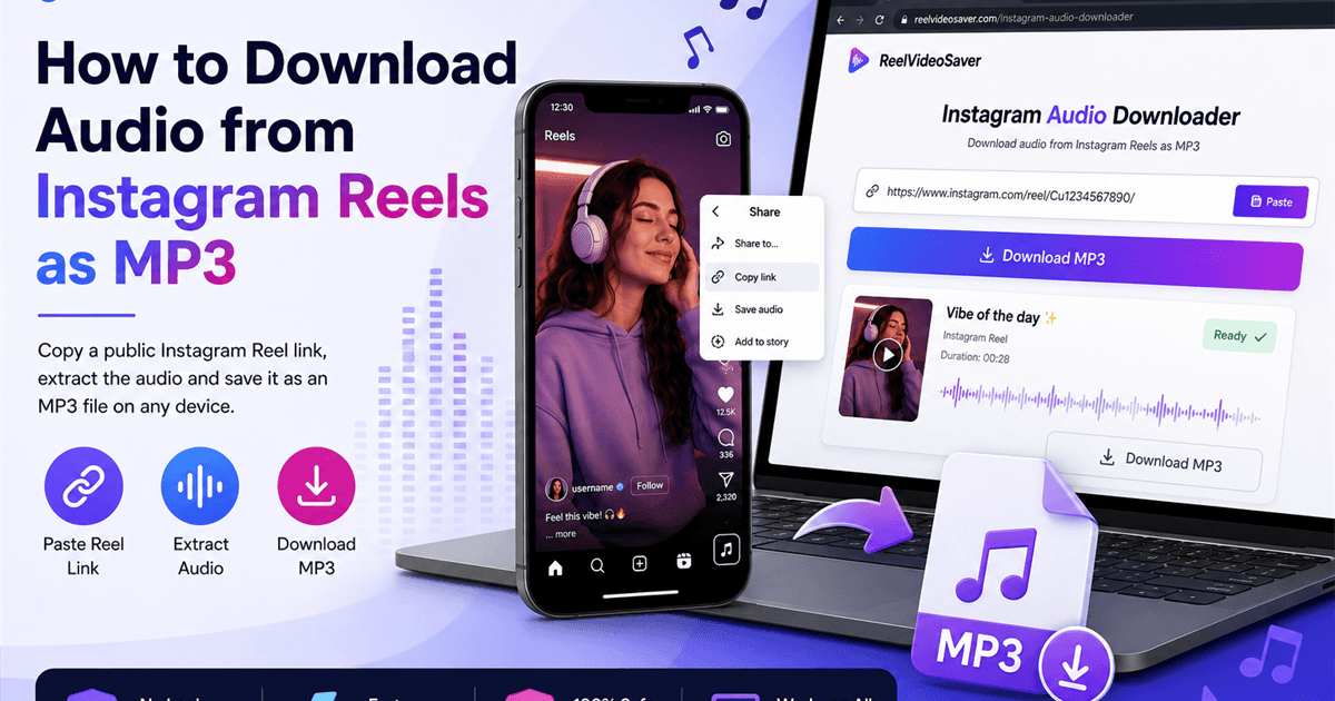Instagram Reel audio download workflow displayed on a phone and computer